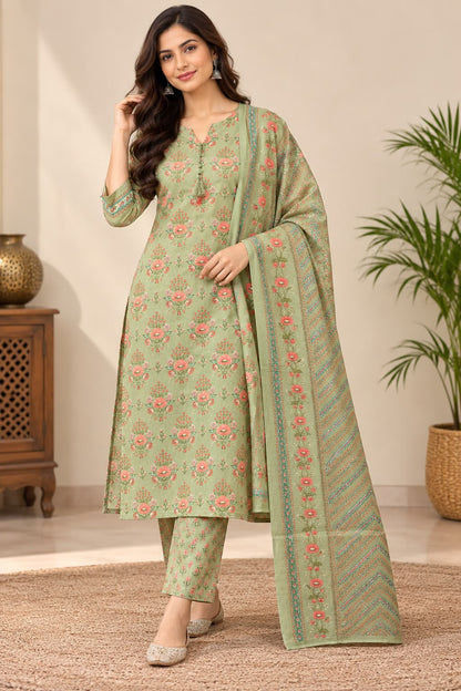 Natural Fab Women Sage Green Floral Printed Kurti Pant Set with Matching Dupatta | 3-Piece Ethnic Wear