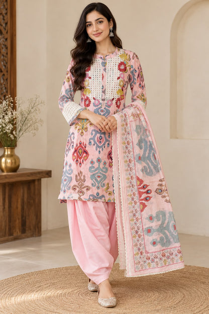 Women’s Pink Cotton Farsi Salwar Suit Set with Printed Kurti & Matching Dupatta
