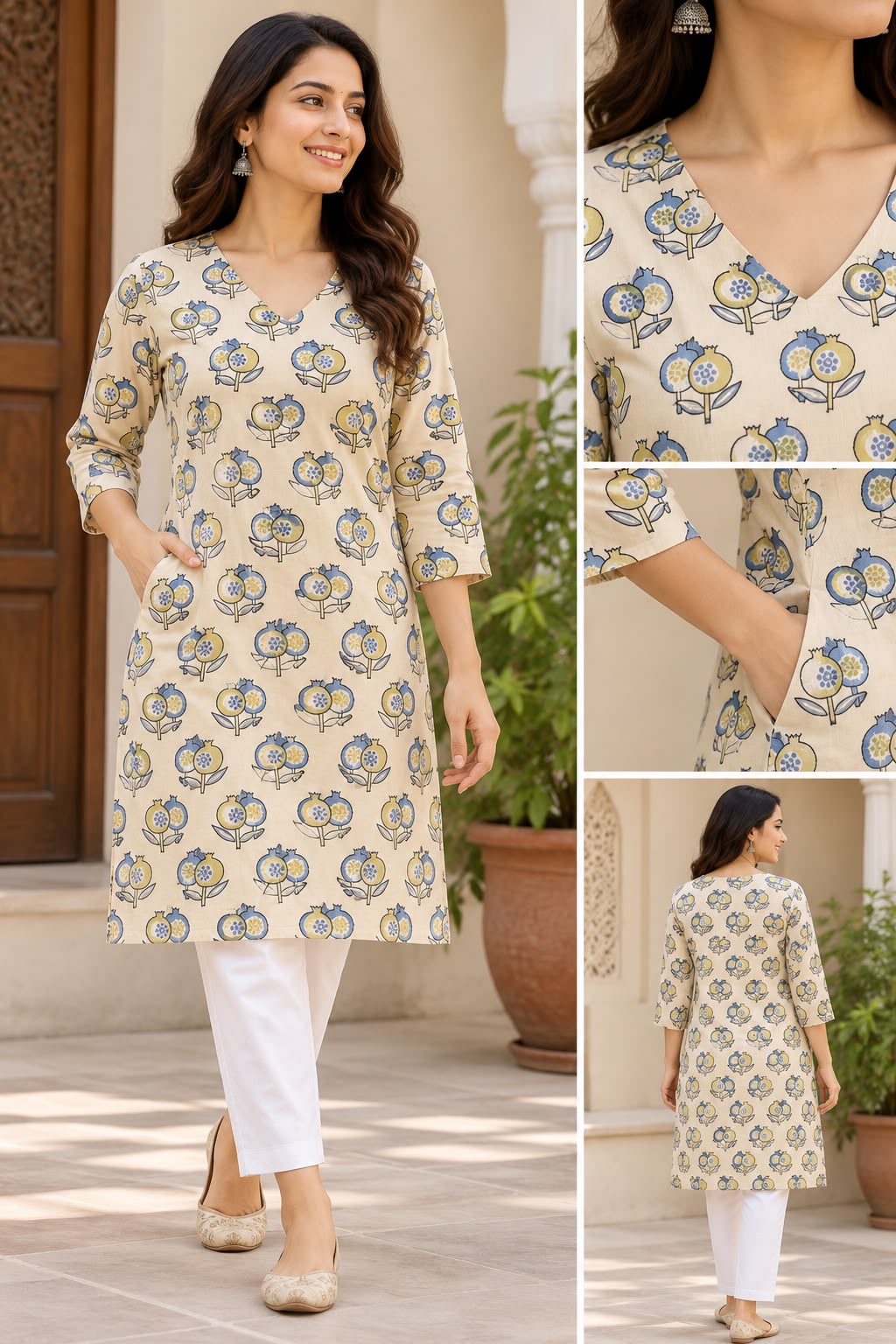 Women’s Hand Block Printed Knee-Length Kurti with Pockets | Beige Floral V-Neck Kurta