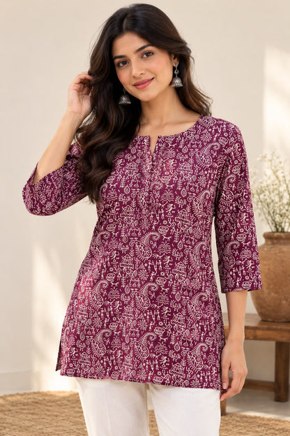 Women’s Wine Printed Short Kurti with Tribal Motifs | 3/4 Sleeve Casual Straight Kurti