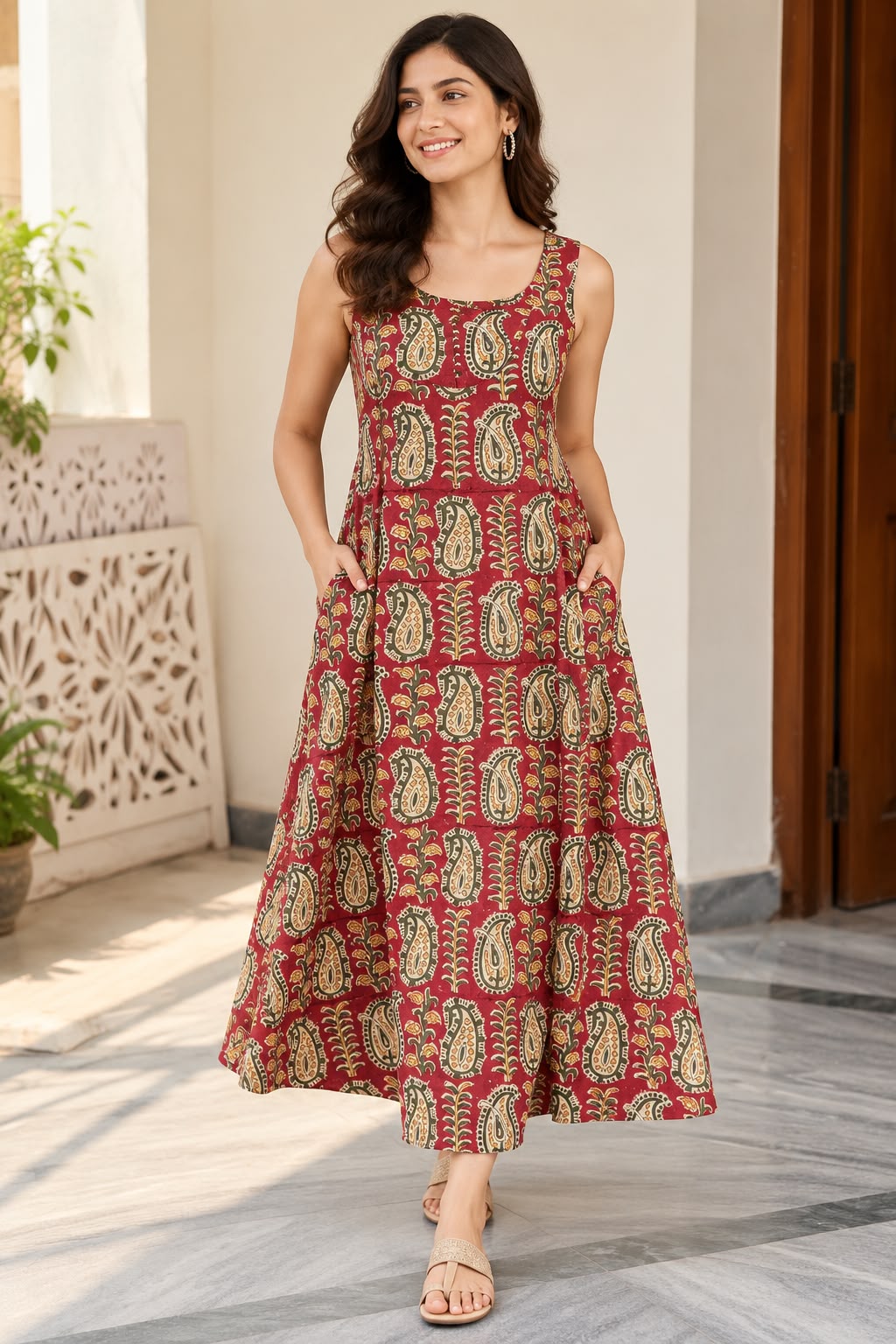 Women’s Handblock Kalamkari Print 100% Pure Cotton Maxi Dress with Pockets | Sleeveless Flared Dress