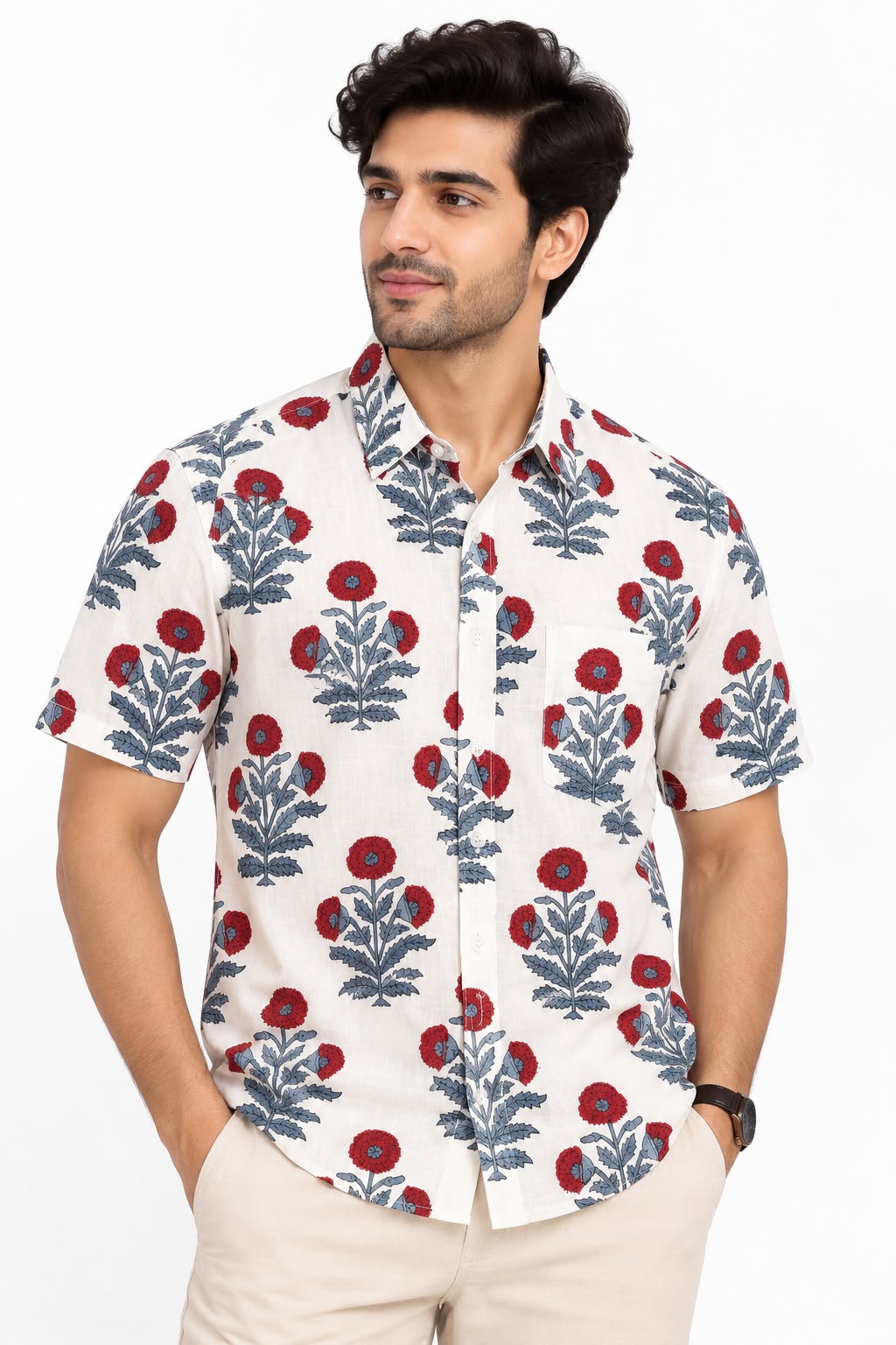 Men’s 100% Pure Cotton Hand Block Printed Half Sleeve Shirt | Floral Casual Shirt with Pocket