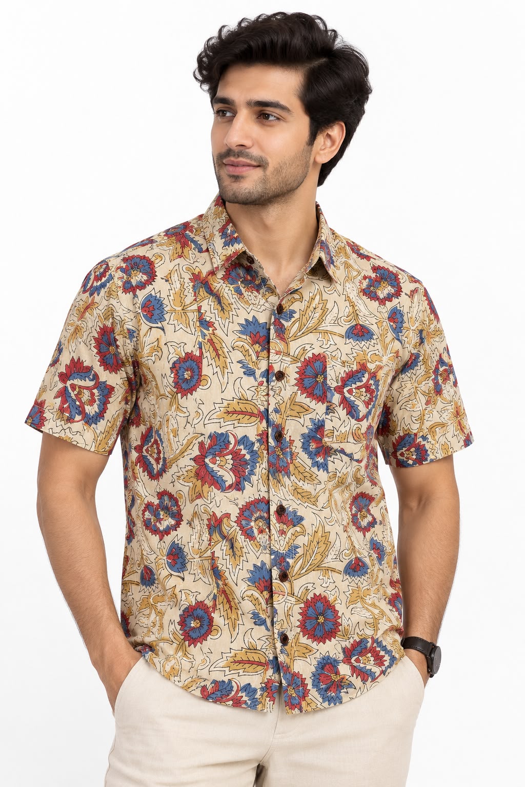 Men’s 100% Pure Cotton Hand Block Printed Half Sleeve Shirt | Multicolour Floral Casual Shirt