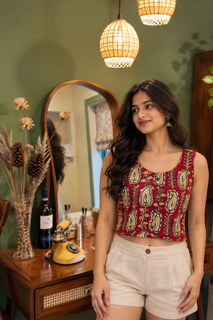 Natural Fab Women's Maroon Hand Block Printed Cotton Sleeveless Crop Top | Ethnic Paisley Print
