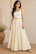 Women's Natural Handwoven Cotton Flared Maxi Skirt with Mirror Work | Ethnic Long Skirt