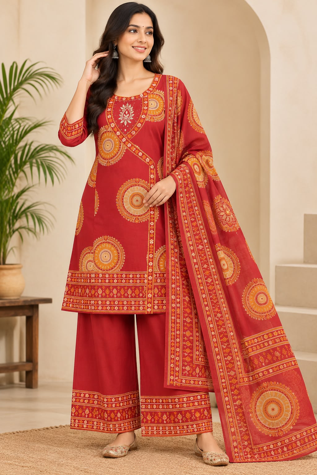 Women's Maroon Ethnic Printed Kurti Palazzo Set with Dupatta | Traditional 3-Piece Kurta Set