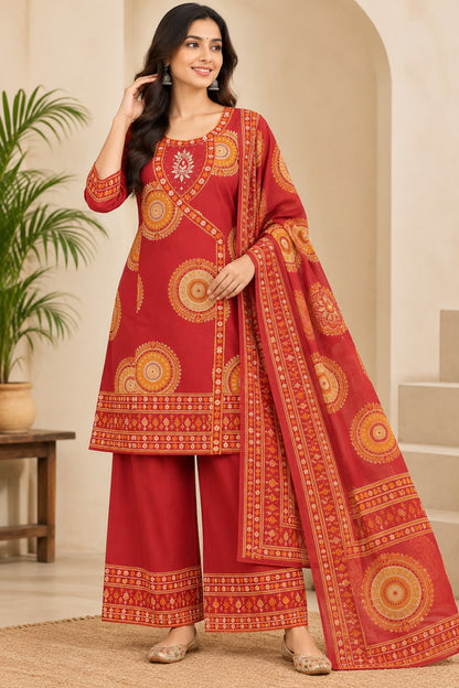 Women's Maroon Ethnic Printed Kurti Palazzo Set with Dupatta | Traditional 3-Piece Kurta Set