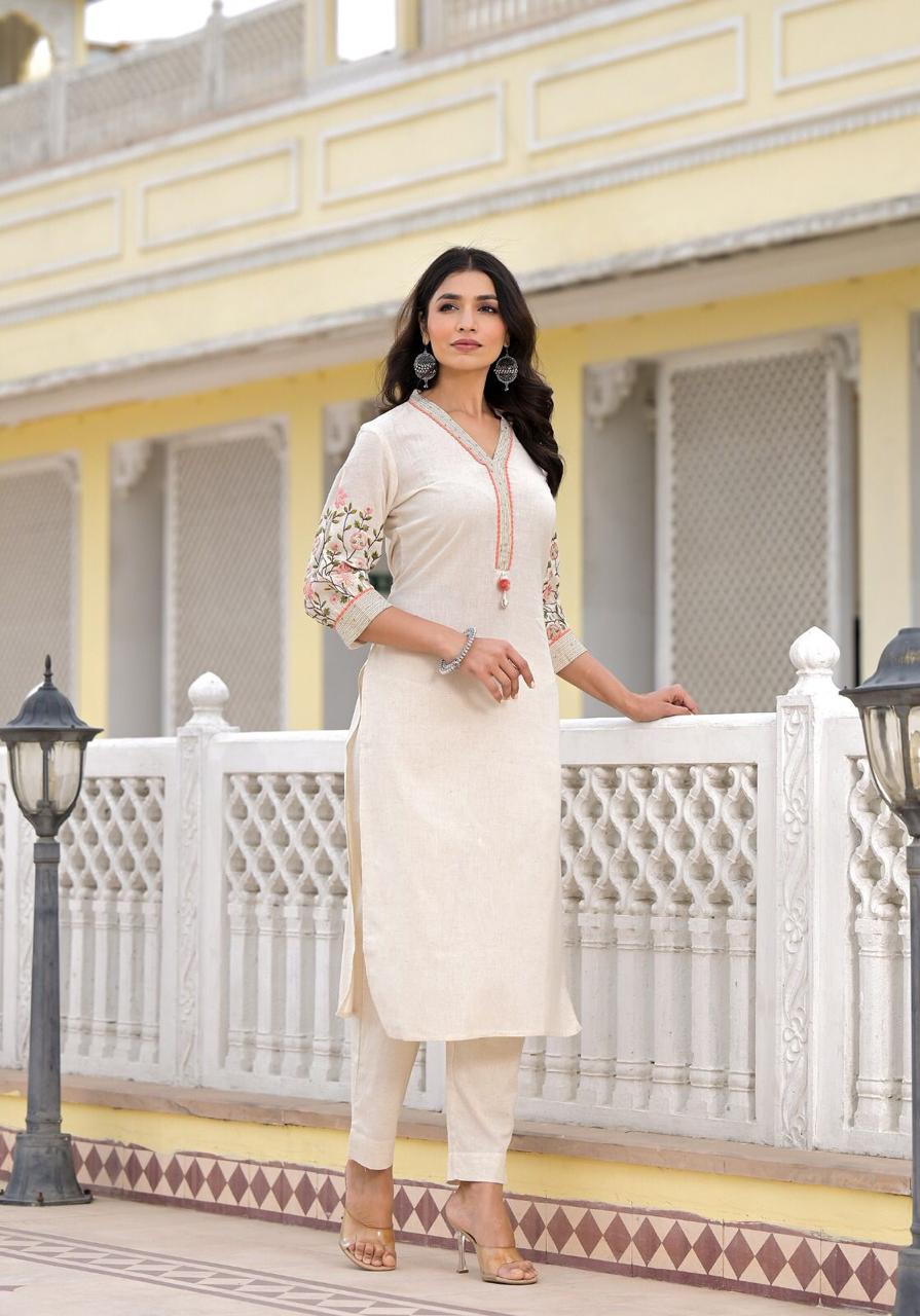 Cream Embroidered Kurti Set for Women