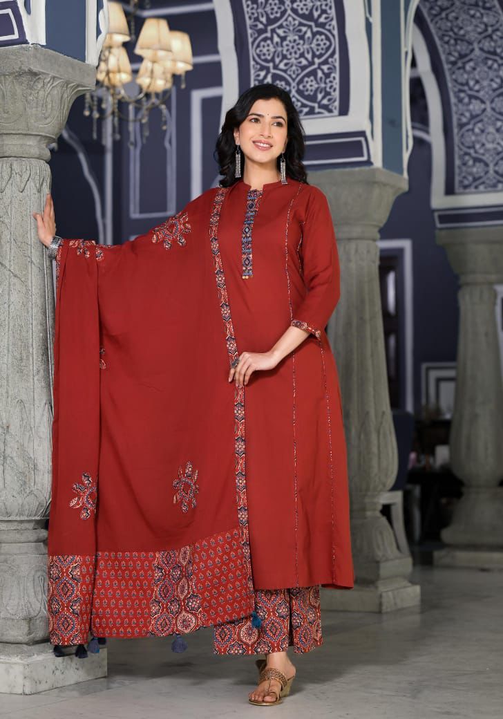 Maroon Embroidered Kurta Set for Women