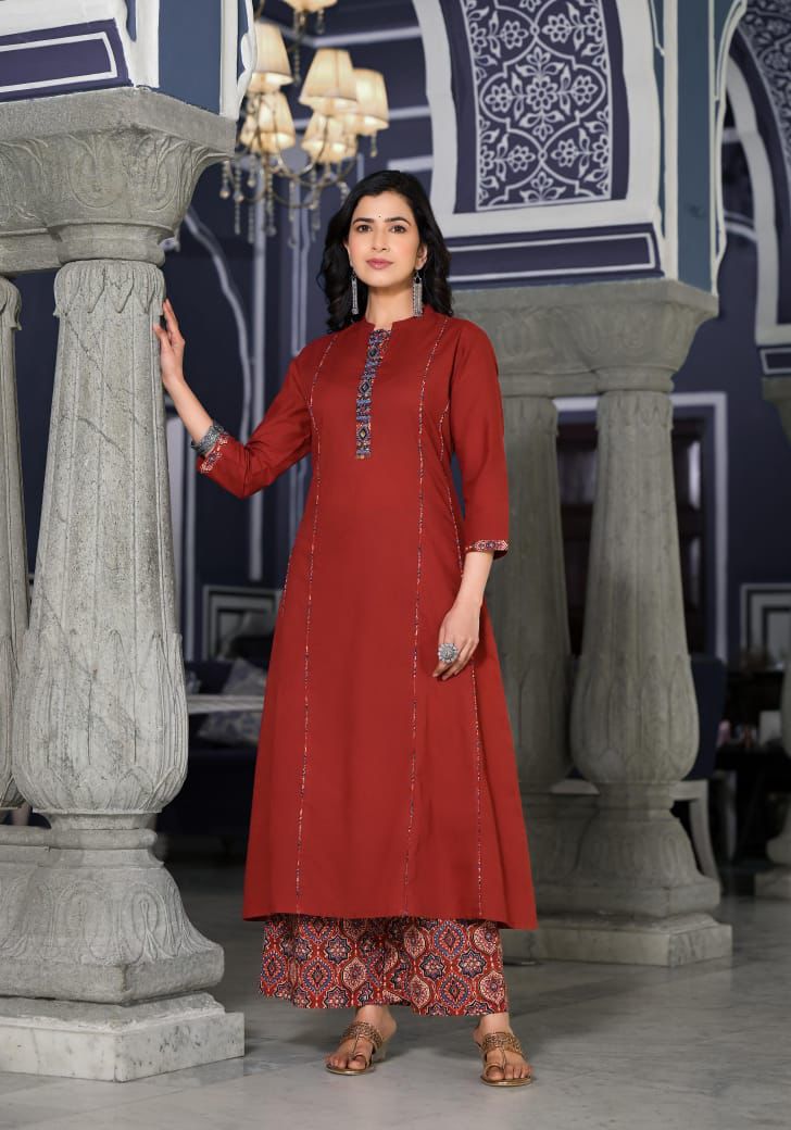 Maroon Embroidered Kurta Set for Women