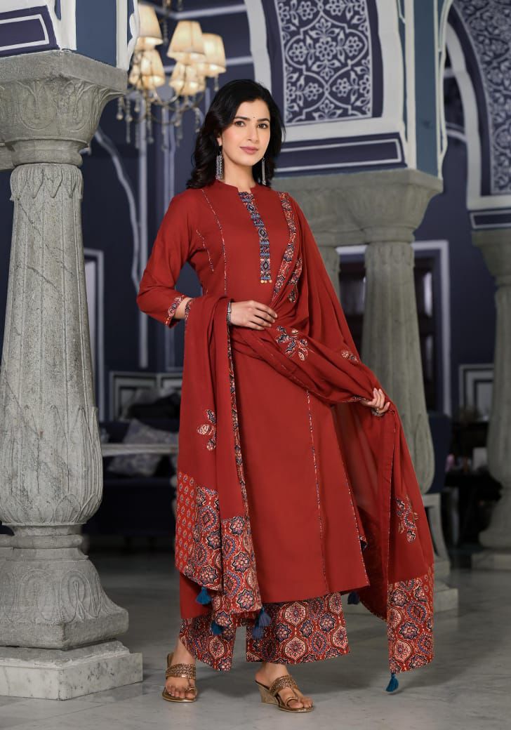 Maroon Embroidered Kurta Set for Women