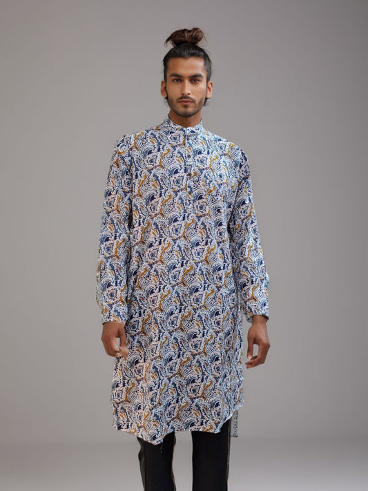 Men's Long Kurta with Floral Print