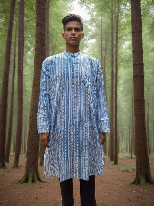 Traditional Blue Striped Men’s Long Kurta