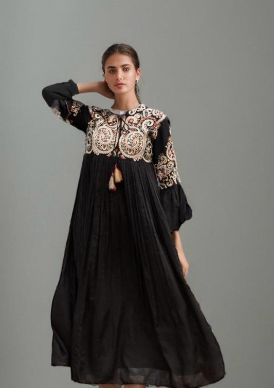 Black Cotton Dress with Intricate Embroidery