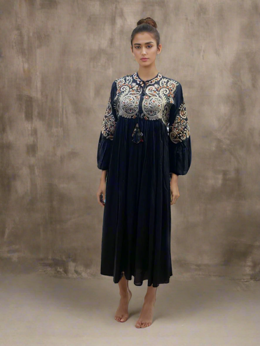 Black Cotton Dress with Intricate Embroidery