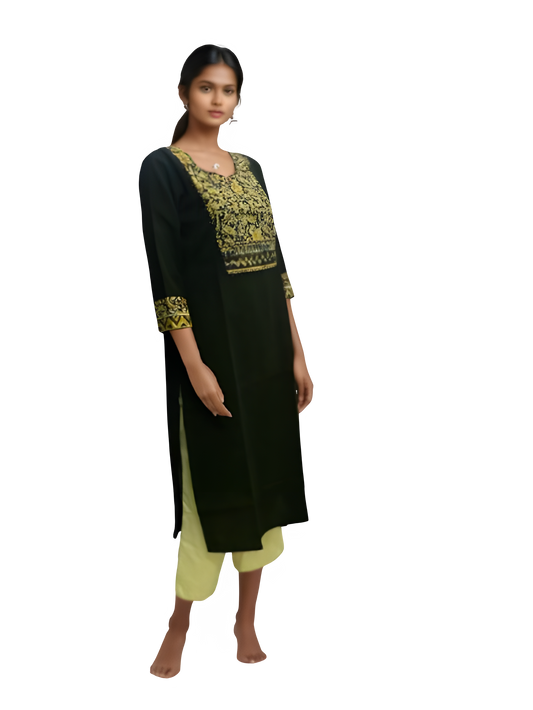 Natural Fab Girls' 100% Pure Cotton Black Kalamkari Print Kurti – Handcrafted Traditional Indian Ethnic Wear