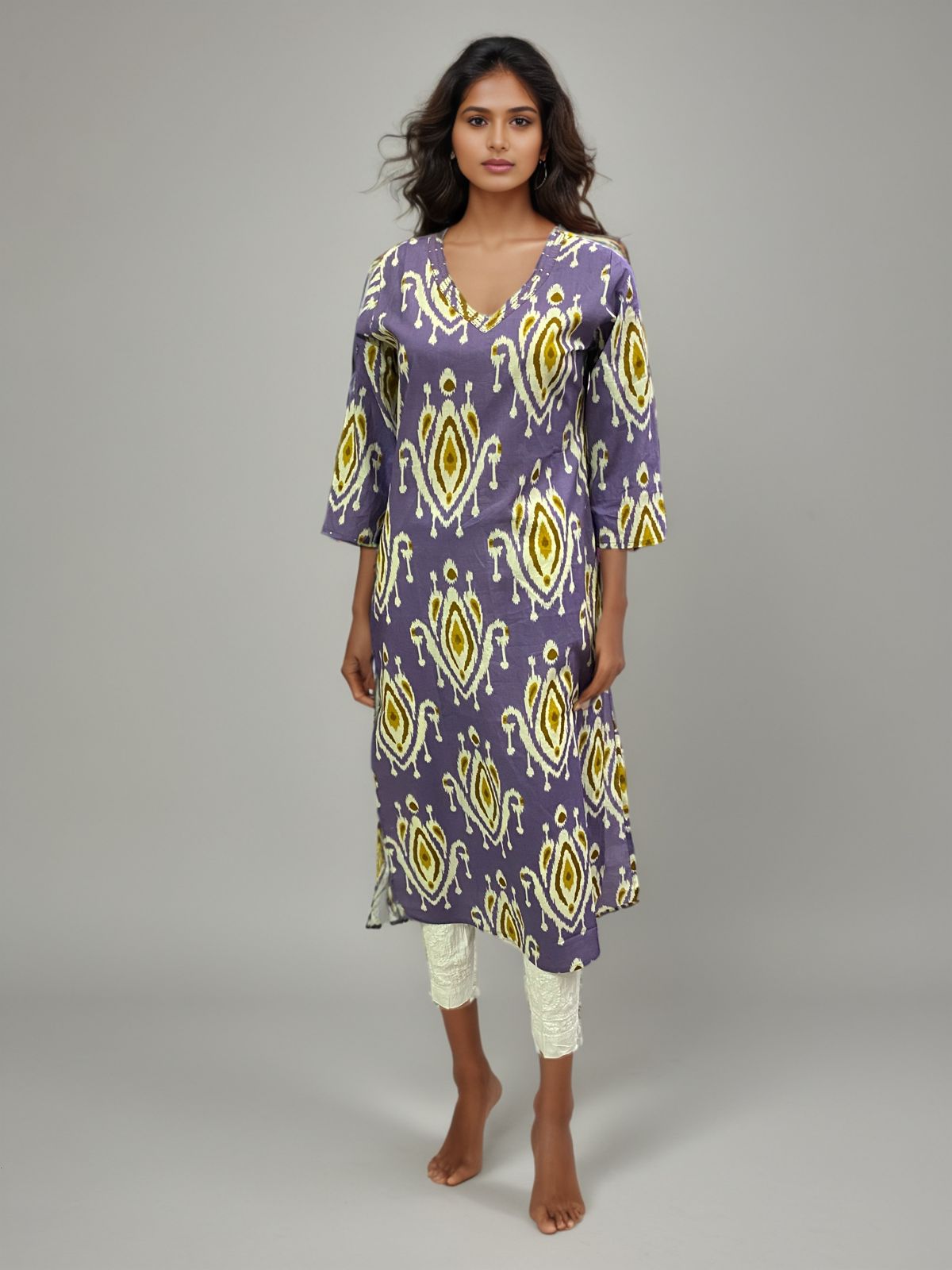 Women’s Print Cotton Kurta – V-Neck, 3/4 Sleeve, Ethnic & Casual Wear