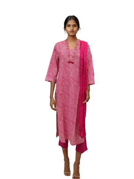 Fuchsia Drift 100% Cotton Diagonal Stripe Kurti Dupatta Set – Casual Chic Ensemble