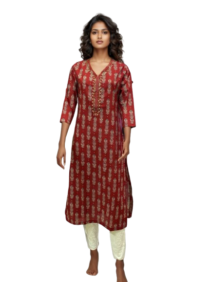 Crimson Cascade 100% Cotton Gold-Block Kurti – Festive Everyday Flair