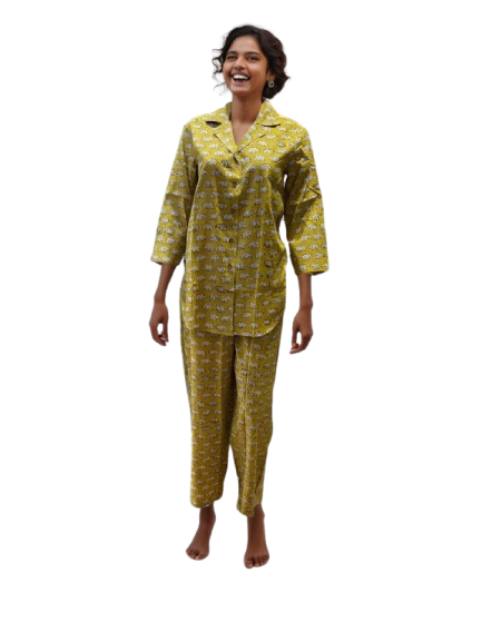 Mustard Yellow Elephant Print Cotton Night Suit