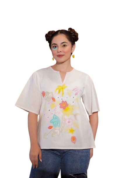 White Hand-Painted Floral Cotton Top – Art Meets Style