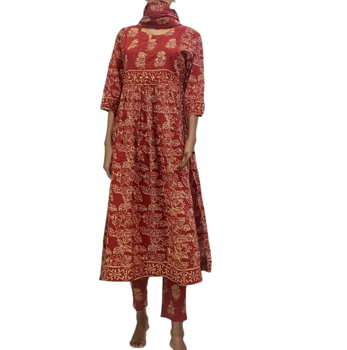 Elegant Maroon Handblock Printed Cotton Kurta Set with Dupatta