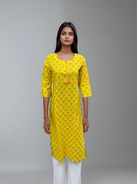 Elegant Yellow Handblock Cotton Kurti for Women – Ethnic Wear