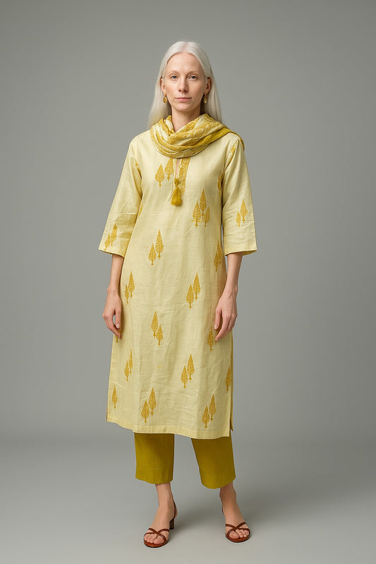 Yellow Embroidered Kurti Set with Dupatta