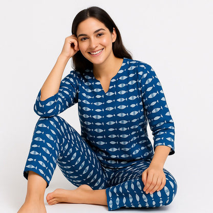 Indigo Blue Fish Print Cotton Night Suit