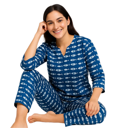 Indigo Blue Fish Print Cotton Night Suit