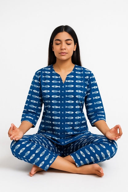 Indigo Blue Fish Print Cotton Night Suit