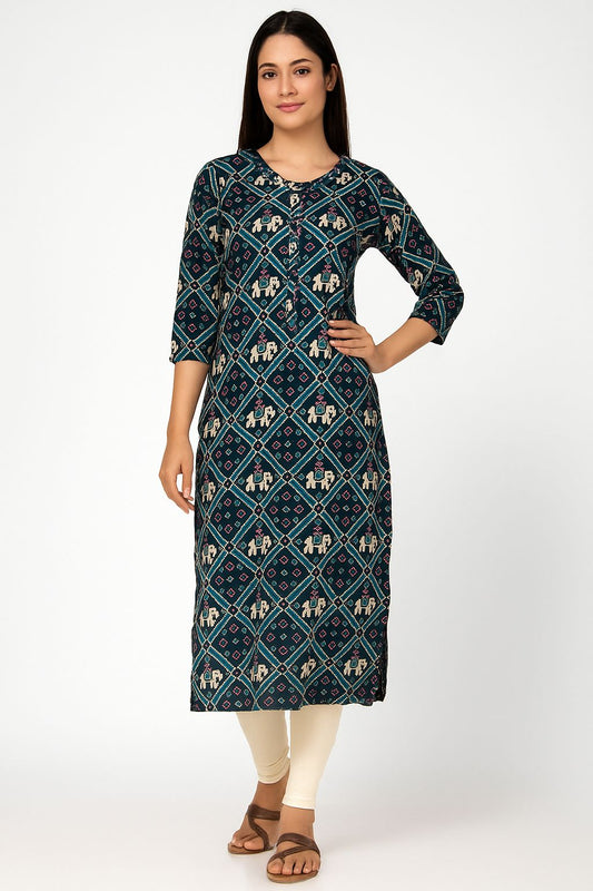 Elegant Elephant Print Cotton Kurti for Women – Navy Blue Ethnic Straight Fit