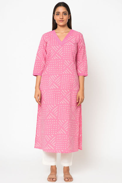 Pink Bandhani Print Cotton Kurta Set for Women – Elegant Ethnic Wear for Everyday Comfort