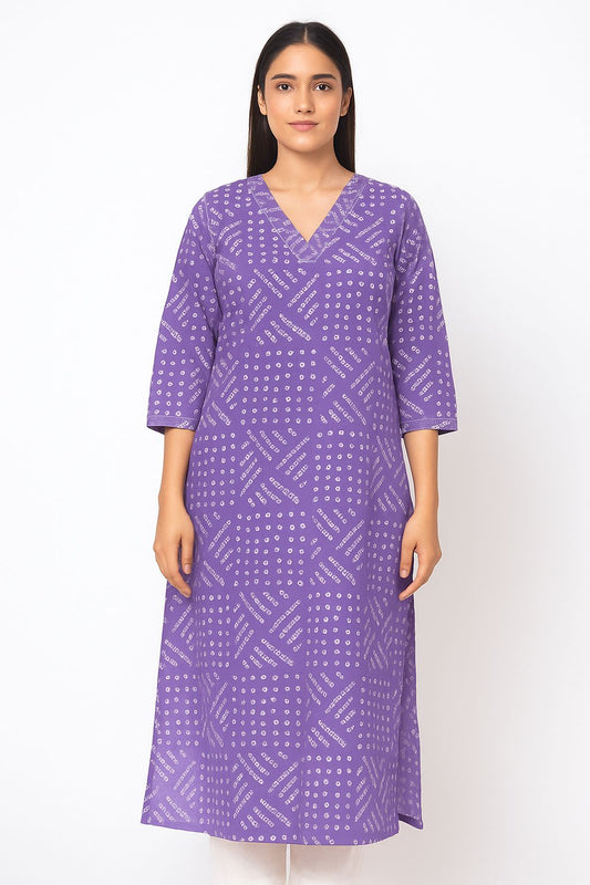 Natural Fab Purple Bandhani Print Cotton Kurti for Women | V-Neck Ethnic Wear