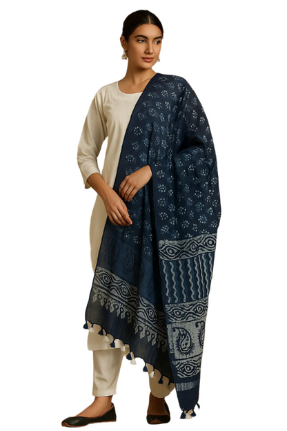 Indigo Blue Handblock Printed Cotton Dupatta with Tassels – Ethnic Wrap for Women