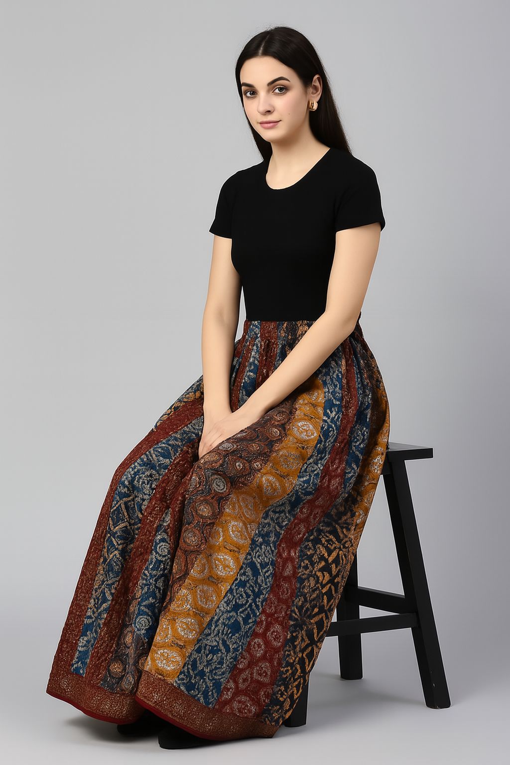 Multicolor Ethnic Block Print Cotton Maxi Skirt for Women – Flared Boho Style with Border**