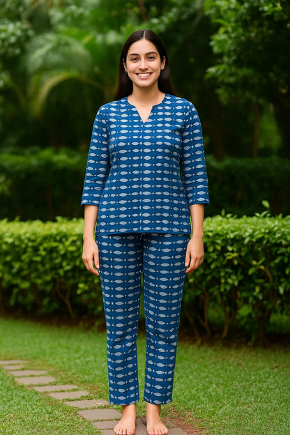 Indigo Blue Fish Print Cotton Night Suit