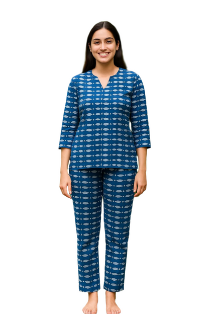 Indigo Blue Fish Print Cotton Night Suit