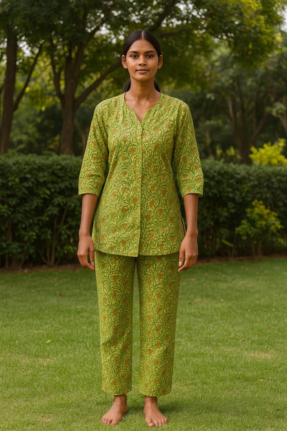 Gulmohar Garden Handblock Printed Cotton Night suit