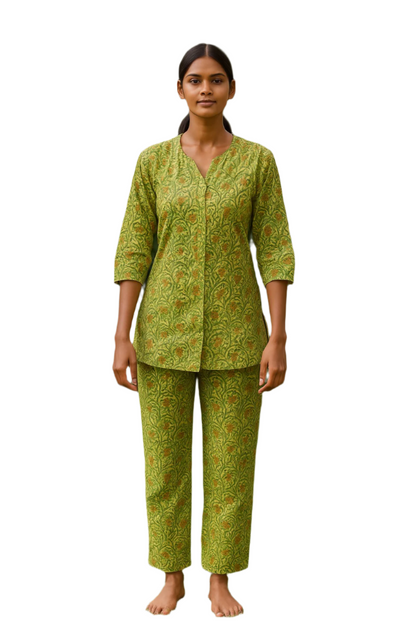 Gulmohar Garden Handblock Printed Cotton Night suit
