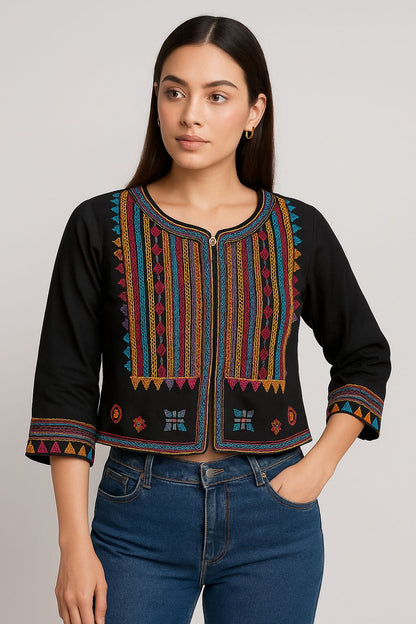 Crop Jacket with Intricate Embroidery BLACK