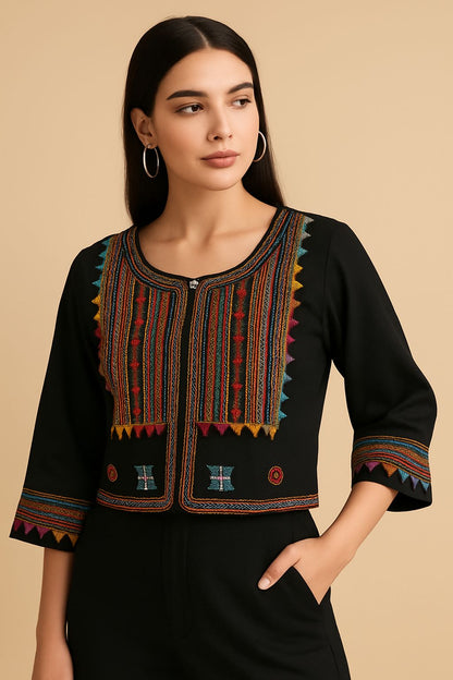 Crop Jacket with Intricate Embroidery BLACK