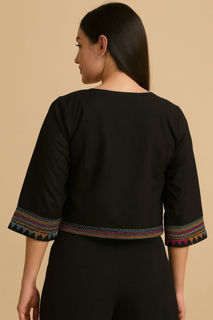 Crop Jacket with Intricate Embroidery BLACK