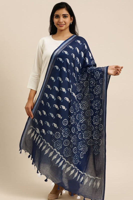 Indigo Dabu Cotton Dupatta with Fish & Mandala Block Prints – Handcrafted Tassel Border