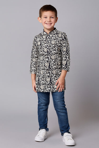 Stylish Kids' Floral Printed Kurta – Black & White