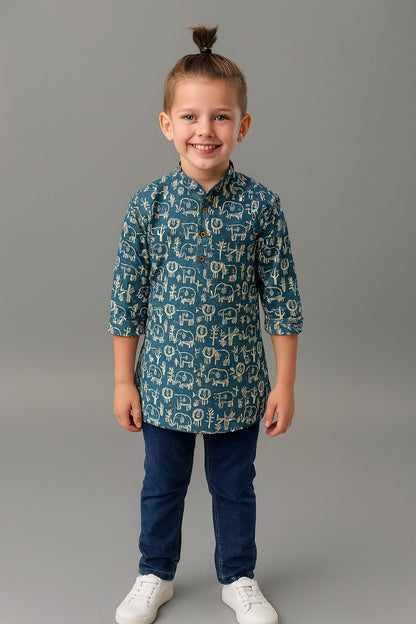 Boys Cotton Printed Kurta - Blue Animal Print | Festive & Casual Wear