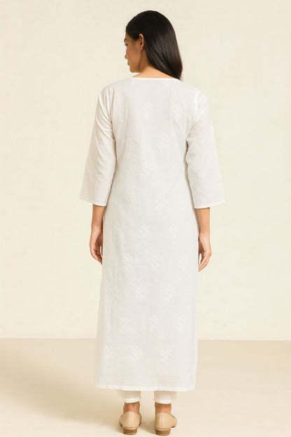 Elegant White Cotton Chikankari Embroidered Straight Kurti for Women