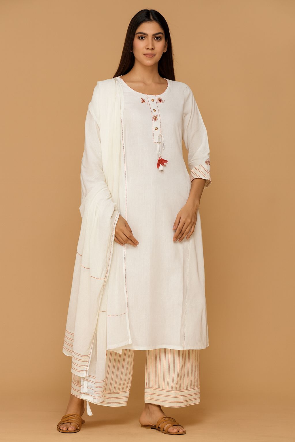 Women’s Off-White Cotton Kurti Set with Striped Pants – Elegant Ethnic Wear for Office & Festive Look