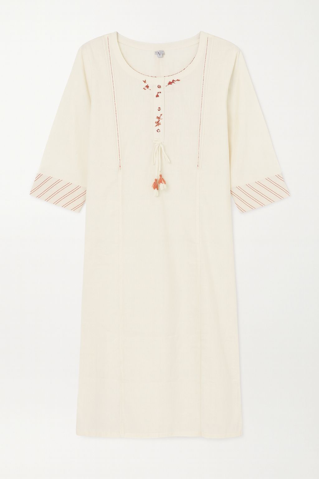 Women’s Off-White Cotton Kurti Set with Striped Pants – Elegant Ethnic Wear for Office & Festive Look