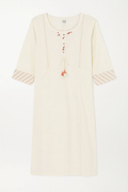 Women’s Off-White Cotton Kurti Set with Striped Pants – Elegant Ethnic Wear for Office & Festive Look